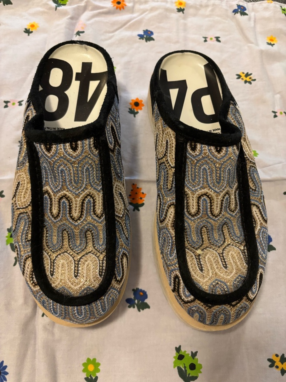 Embroidered Slip-On Mules in Blue, Black & Cream